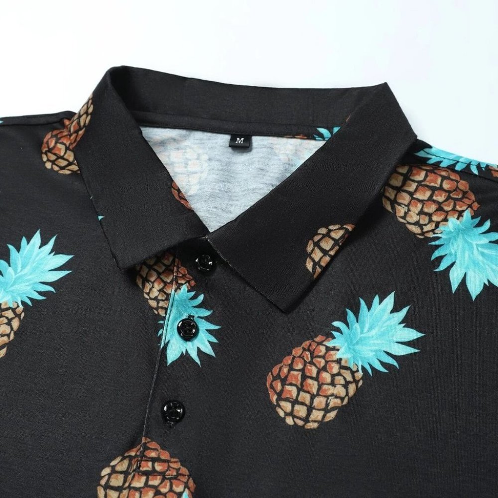 Casual Black Men's Pineapple Print Polo Shirt - Picture 6 of 6